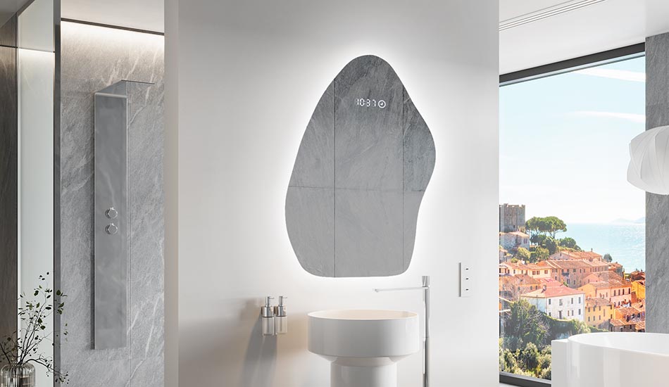 Onregelmatig gevormde spiegel met zachte sfeerverlichting voor elegante interieurs | ARTFORMA