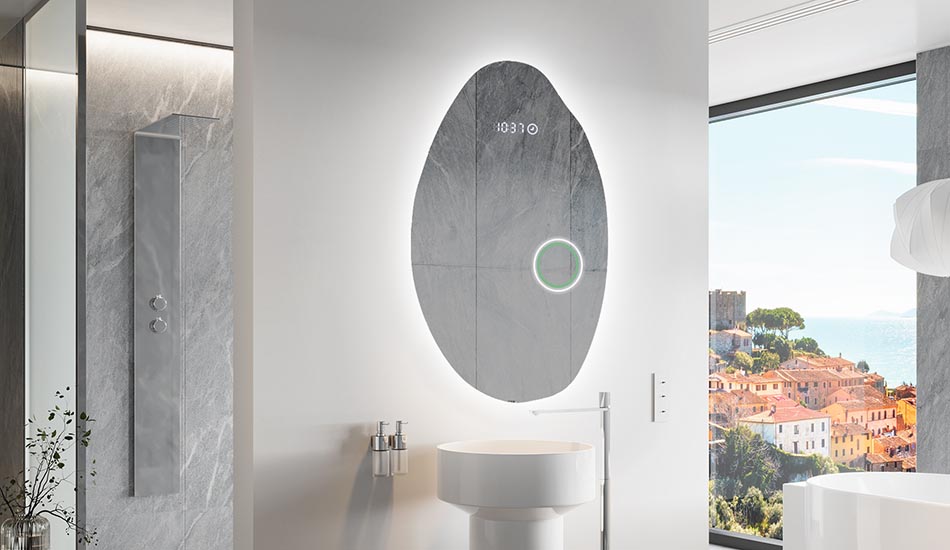 Onregelmatig gevormde spiegel met zachte sfeerverlichting voor elegante interieurs | ARTFORMA