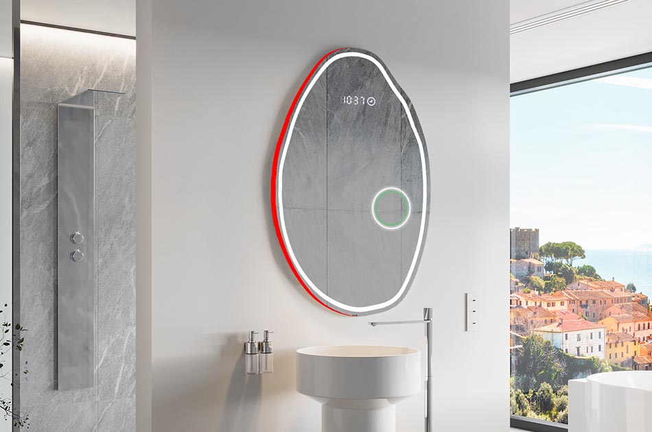 Onregelmatig gevormde spiegel met zachte sfeerverlichting voor elegante interieurs | ARTFORMA