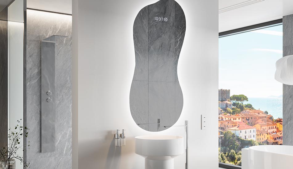 Onregelmatig gevormde spiegel met zachte sfeerverlichting voor elegante interieurs | ARTFORMA