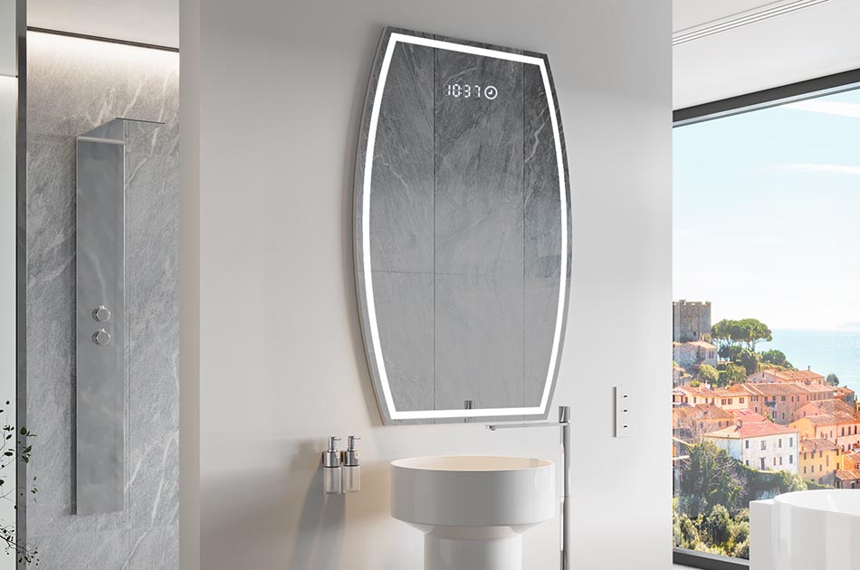 Onregelmatig gevormde spiegel met zachte sfeerverlichting voor elegante interieurs | ARTFORMA