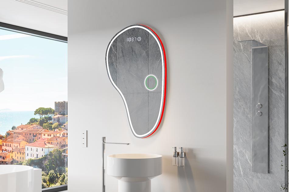 Onregelmatig gevormde spiegel met zachte sfeerverlichting voor elegante interieurs | ARTFORMA