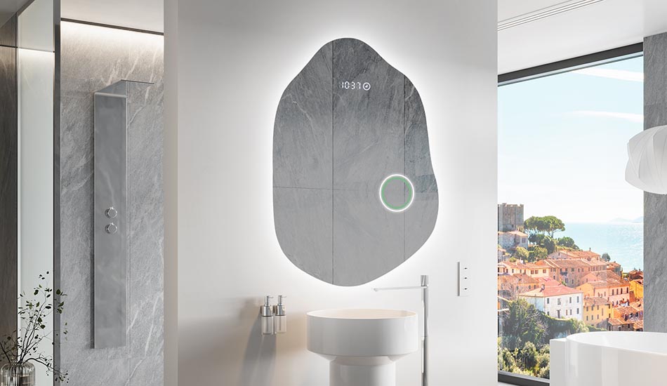 Onregelmatig gevormde spiegel met zachte sfeerverlichting voor elegante interieurs | ARTFORMA