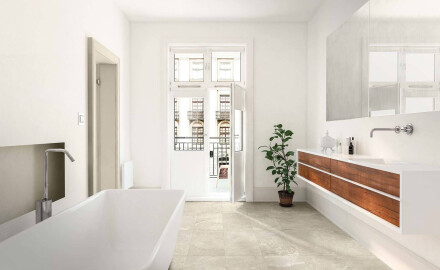 Vloertegels 60x120, lichtgrijs met een warme beige tint en aders, mat, A4H140 Ermetica Bianco
