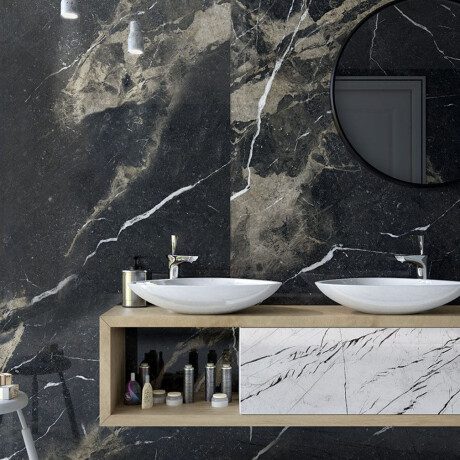 Geglazuurd vloertegels Pierre Black 120x120 cm, zwart glanzend met gouden aders, gerectificeerd A4H197 #6