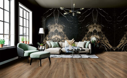 Grootformaat porseleinen vloertegel 120x280 cm, Bookmatch, zwart glanzend met gouden aders, gerectificeerd, A4H203 Pierre Black