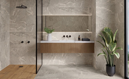 Steenlook-tegels met aders voor de vloer, 100x100, mat, grijs A4H506 Volterra Grey