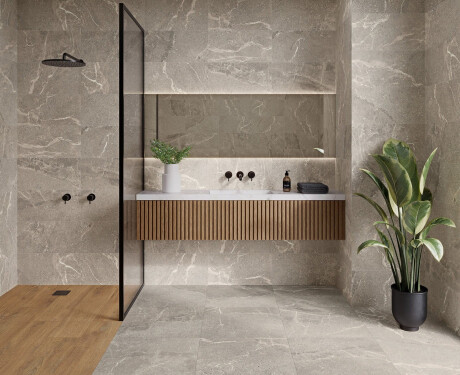 Steenlook-tegels met aders voor de vloer, 100x100, mat, grijs A4H506 Volterra Grey