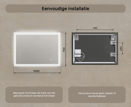 Rechthoekige LED-verlichte badkamerspiegel 100x70 cm met Dual color, Aanraakschakelaar #7