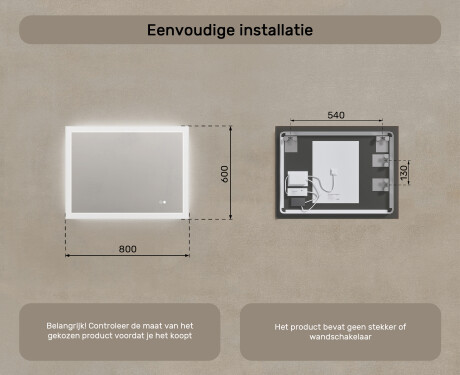 Rechthoekige LED-badkamerspiegel 80x60 cm met Dual color, Aanraakschakelaar, Verwarmingsmat #8