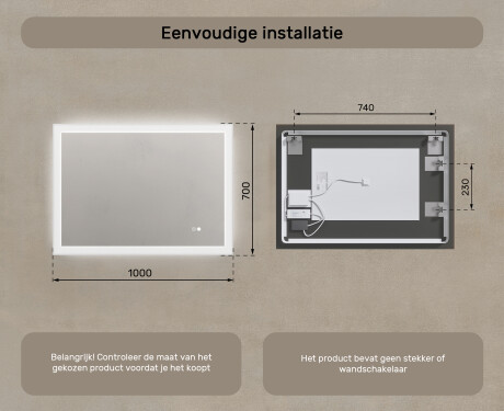 Rechthoekige badkamerspiegel met LED-verlichting 100x70 cm met Dual color, Aanraakschakelaar, Verwarmingsmat #8