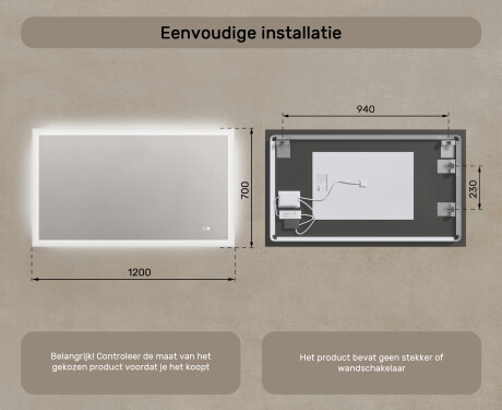 Rechthoekige LED-verlichte badkamerspiegel 120x70 cm met Dual color, Aanraakschakelaar, Verwarmingsmat #8