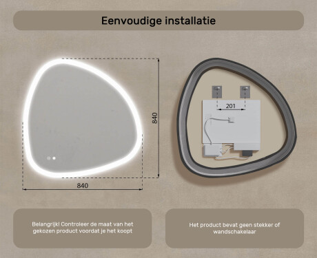 Onregelmatig spiegel met verlichting, 84×84 cm, tweekleurig, touch‑schakelaar, verwarmingsmat #8