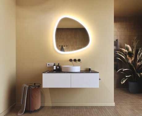 Onregelmatig spiegel met verlichting, 84×84 cm, tweekleurig, touch‑schakelaar, verwarmingsmat #9