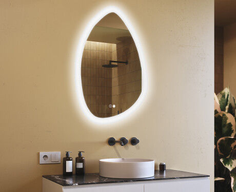 Onregelmatig spiegel met verlichting, 64×94 cm, tweekleurig, touch‑schakelaar, verwarmingsmat