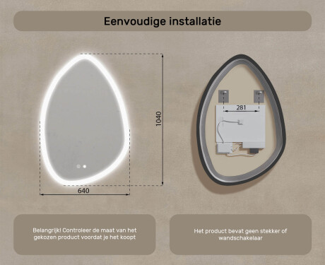 Onregelmatig spiegel met verlichting, 64×94 cm, tweekleurig, touch‑schakelaar, verwarmingsmat #8