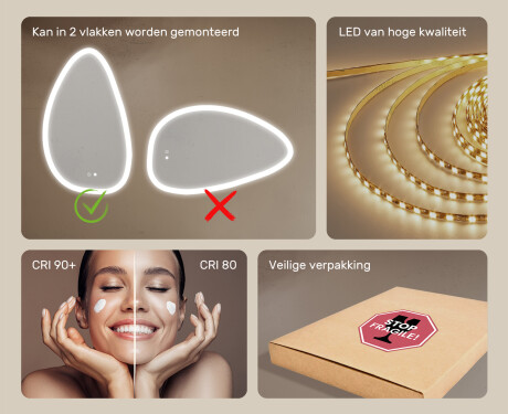 Onregelmatig spiegel met verlichting, 64×104 cm, tweekleurig, touch‑schakelaar, verwarmingsmat #6