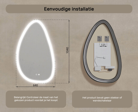 Onregelmatig spiegel met verlichting, 64×104 cm, tweekleurig, touch‑schakelaar, verwarmingsmat #8