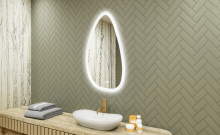 Onregelmatig spiegel met verlichting, 64×104 cm, tweekleurig, touch‑schakelaar, verwarmingsmat