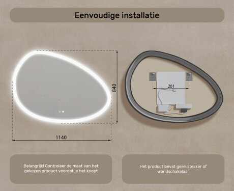 Onregelmatig spiegel met verlichting, 114×84 cm, tweekleurig, touch‑schakelaar, verwarmingsmat #8