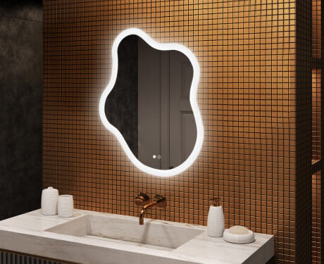 Onregelmatig spiegel met verlichting, 74×94 cm, tweekleurig, touch‑schakelaar, verwarmingsmat
