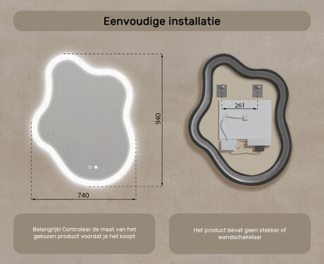Onregelmatig spiegel met verlichting, 74×94 cm, tweekleurig, touch‑schakelaar, verwarmingsmat #8