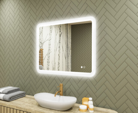 Afgeronde badkamerspiegel met LED-verlichting, 80×60 cm, tweekleurig, touch‑schakelaar, verwarmingsmat