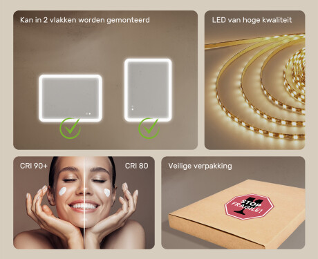 Afgeronde badkamerspiegel met LED-verlichting, 80×60 cm, tweekleurig, touch‑schakelaar, verwarmingsmat #6