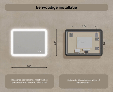Afgeronde badkamerspiegel met LED-verlichting, 80×60 cm, tweekleurig, touch‑schakelaar, verwarmingsmat #8