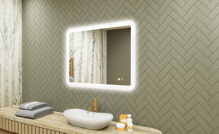 Afgeronde badkamerspiegel met LED-verlichting, 80×60 cm, tweekleurig, touch‑schakelaar, verwarmingsmat