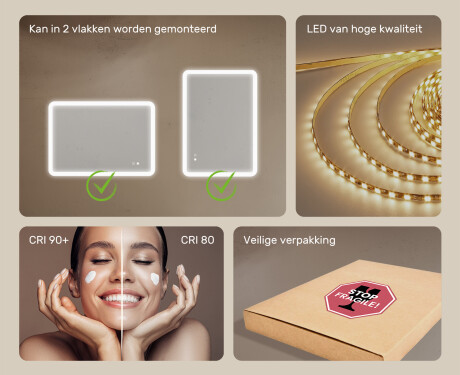 Afgeronde badkamerspiegel met LED‑verlichting, 100×70 cm, tweekleurig, touch‑schakelaar, verwarmingsmat #6