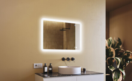 Afgeronde badkamerspiegel met LED‑verlichting, 100×70 cm, tweekleurig, touch‑schakelaar, verwarmingsmat