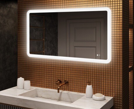 Afgeronde badkamerspiegel met LED‑verlichting, 120×70 cm, tweekleurig, touch‑schakelaar, verwarmingsmat