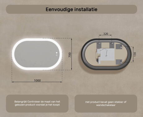 Verlicht badkamerspiegel, 100×70 cm, tweekleurig, touch‑schakelaar, verwarmingsmat #8
