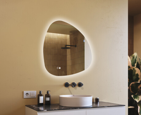 Onregelmatig spiegel met verlichting, 84×84 cm, tweekleurig, touch‑schakelaar, verwarmingsmat