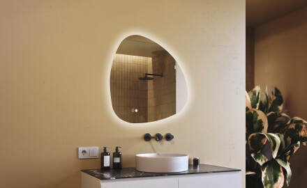 Onregelmatig spiegel met verlichting, 84×84 cm, tweekleurig, touch‑schakelaar, verwarmingsmat