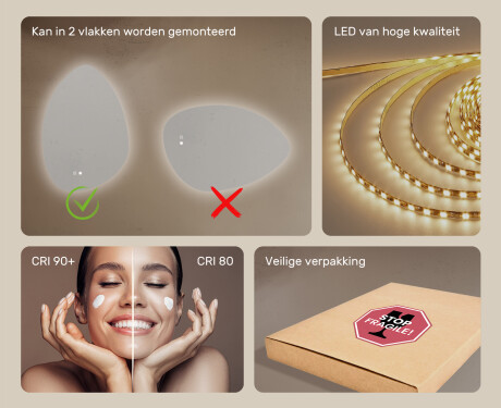 Onregelmatig spiegel met verlichting, 64×94 cm, tweekleurig, touch‑schakelaar, verwarmingsmat #6