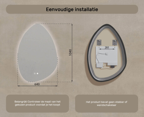 Onregelmatig spiegel met verlichting, 64×94 cm, tweekleurig, touch‑schakelaar, verwarmingsmat #8