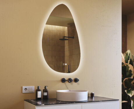 Onregelmatig spiegel met verlichting, 64×104 cm, tweekleurig, touch‑schakelaar, verwarmingsmat