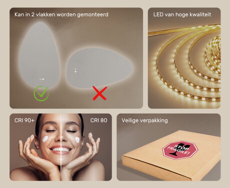 Onregelmatig spiegel met verlichting, 64×104 cm, tweekleurig, touch‑schakelaar, verwarmingsmat #6