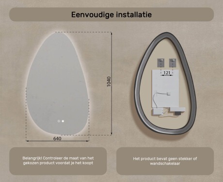 Onregelmatig spiegel met verlichting, 64×104 cm, tweekleurig, touch‑schakelaar, verwarmingsmat #8