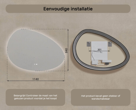 Onregelmatig spiegel met verlichting, 114×84 cm, tweekleurig, touch‑schakelaar, verwarmingsmat #8
