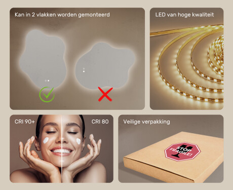 Onregelmatig spiegel met verlichting, 74×94 cm, tweekleurig, touch‑schakelaar, verwarmingsmat #6