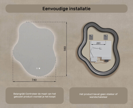 Onregelmatig spiegel met verlichting, 74×94 cm, tweekleurig, touch‑schakelaar, verwarmingsmat #8