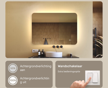 Afgeronde badkamerspiegel met LED‑verlichting, 100×70 cm, tweekleurig, touch‑schakelaar, verwarmingsmat #4