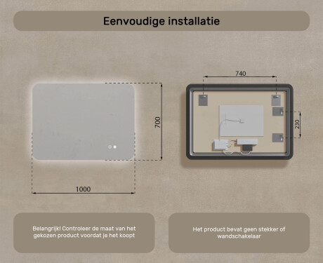 Afgeronde badkamerspiegel met LED‑verlichting, 100×70 cm, tweekleurig, touch‑schakelaar, verwarmingsmat #8