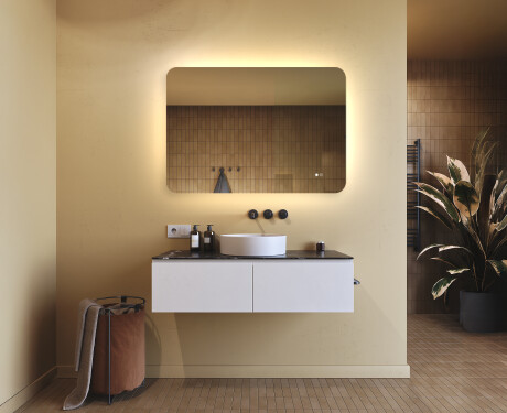 Afgeronde badkamerspiegel met LED‑verlichting, 100×70 cm, tweekleurig, touch‑schakelaar, verwarmingsmat #9