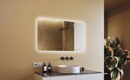Afgeronde badkamerspiegel met LED-verlichting, 120×70 cm, tweekleurig, touch‑schakelaar, verwarmingsmat