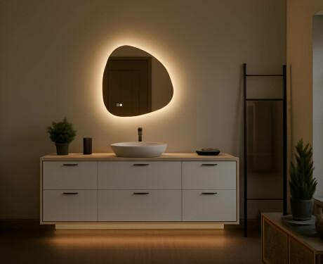 Onregelmatige spiegel met verlichting 64×64 cm, dubbele kleur, aanraakschakelaar, verwarmingsmat