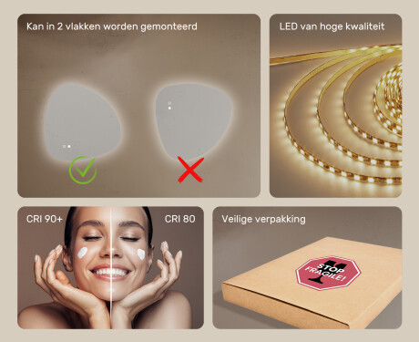 Onregelmatig spiegel met verlichting, 64×64 cm, tweekleurig, touch‑schakelaar, verwarmingsmat #6
